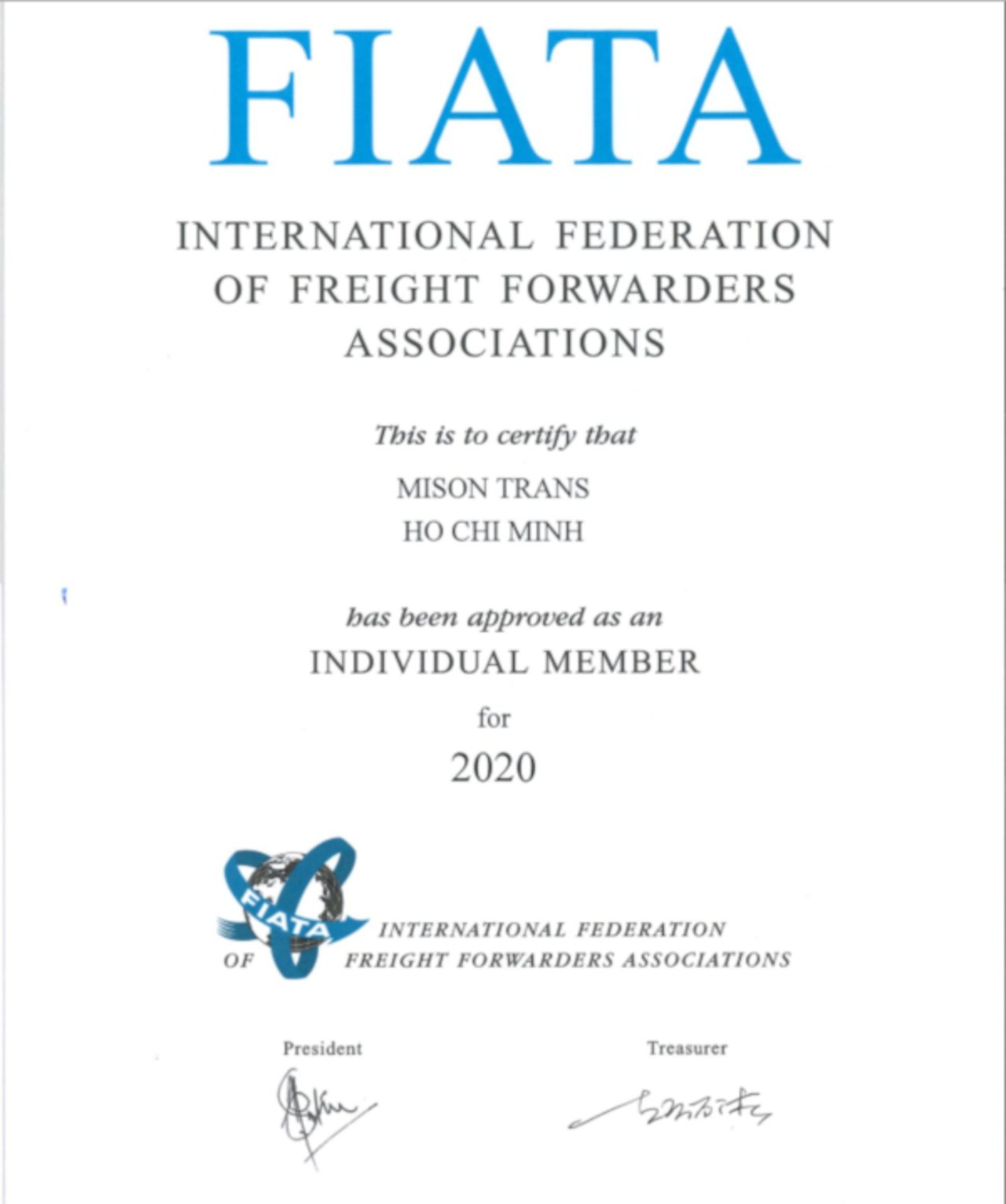 Chứng chỉ về Giao nhận Vận tải Quốc tế được cấp bởi Liên đoàn Các Hiệp hội Giao nhận Vận tải Quốc tế (FIATA)
