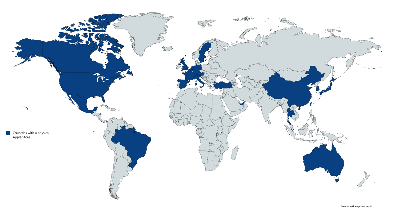 Bản đồ thể hiện mật độ cửa hàng Apple trên thế giới
